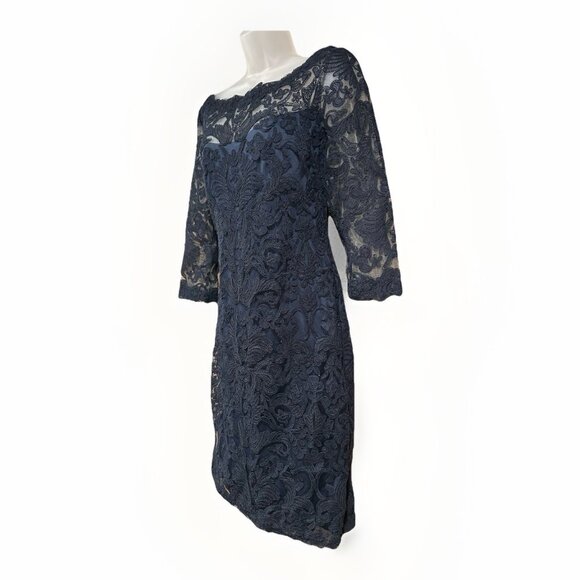 TADASHI SHOJI $473 Navy Lace Illusion Lined Evening Dress Size 10 Wedding Guest - Picture 2 of 10